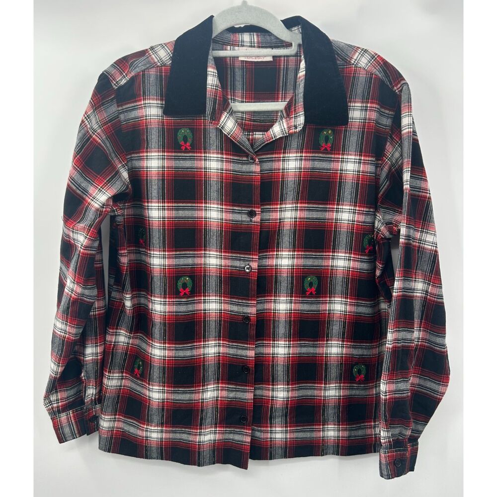 Vintage Christmas Plaid Flannel Wreath Tree Shirt 90s Holiday Size L Womens
